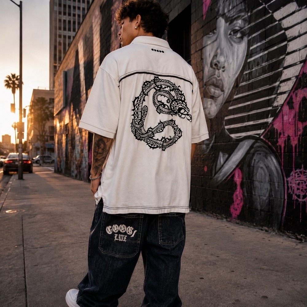 Coogi Luxe Polo Shirt 2XL White Snake Graphic Y2K Embroidered Logo Streetwear